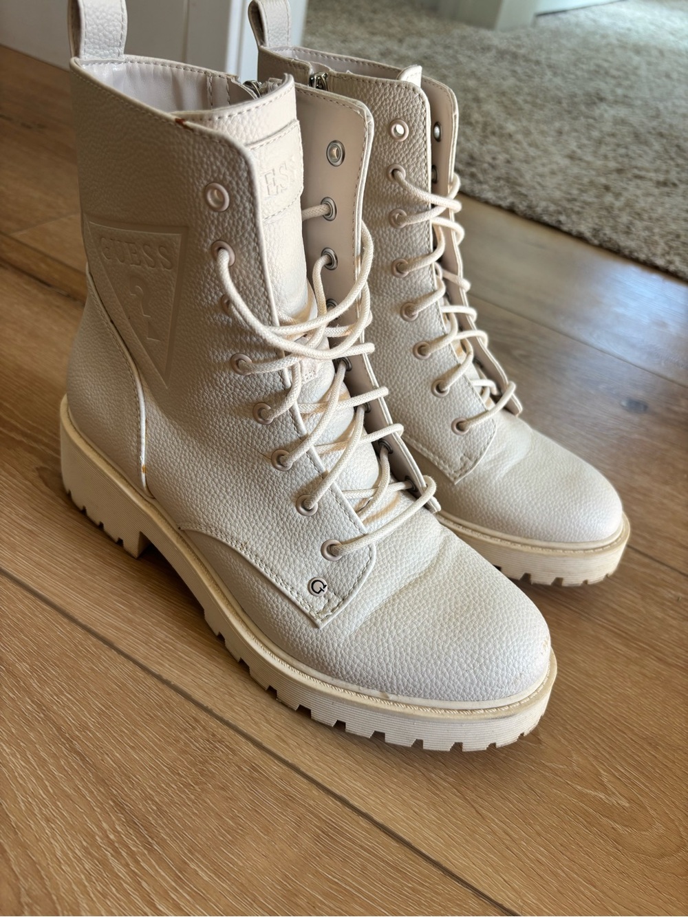 GUESS Cream Lace-Up Combat Boots with Chunky Lug Sole